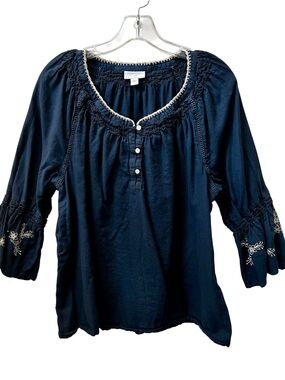 J JILL Size Large Navy Embroidered Boho Peasant Blouse